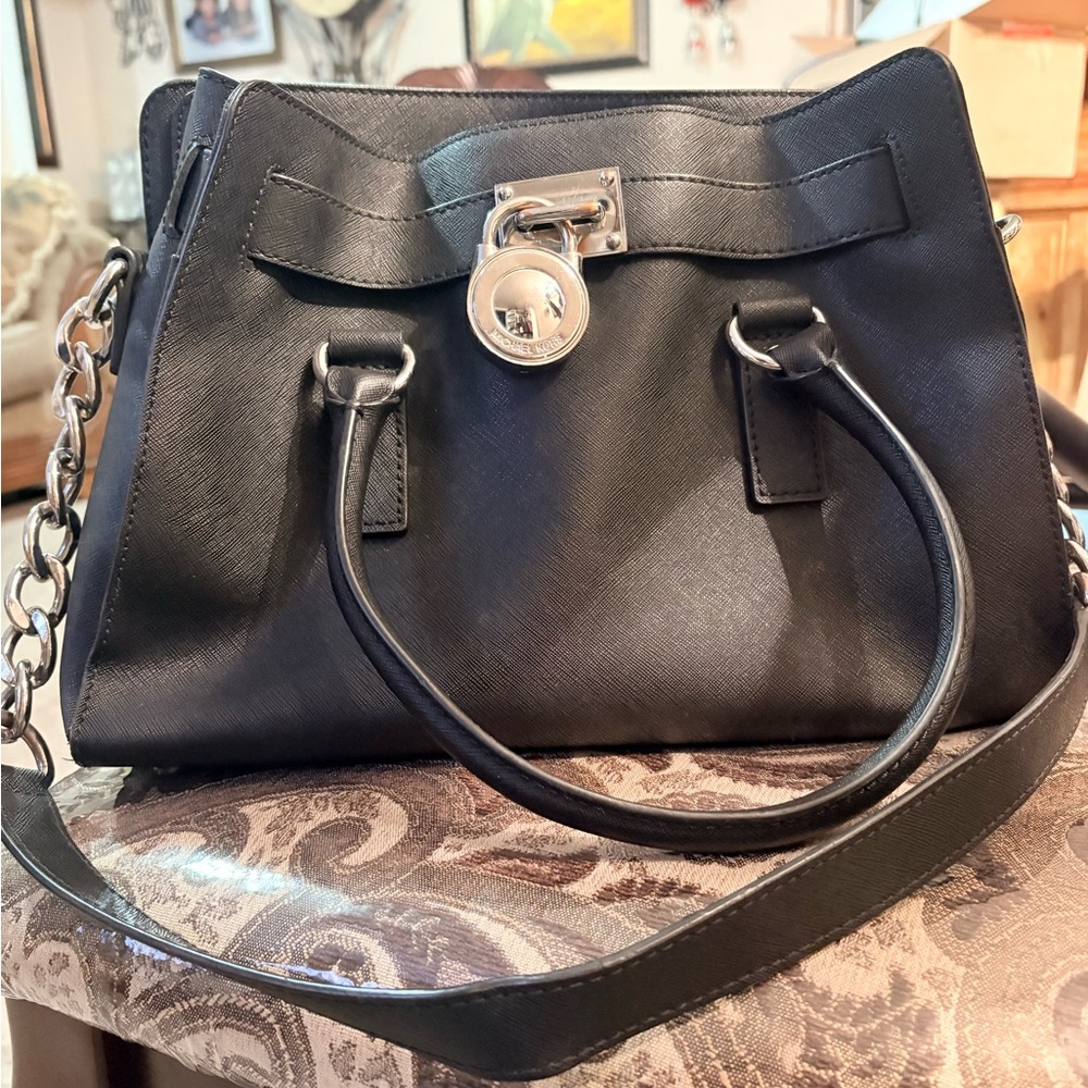 Michael Kors Black Saffiano Satchel with Silver-Tone Lock